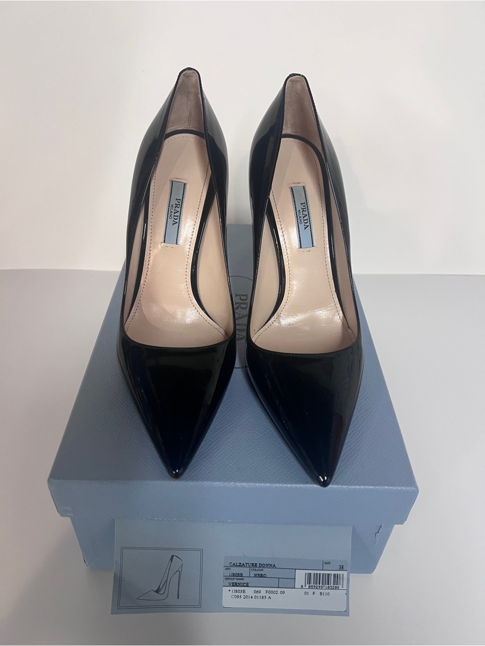 Prada Black Patent Pointed Toe Pumps with Nude Interior